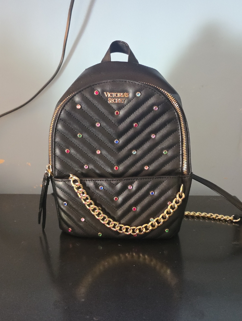 Victoria's Secret Black Quilted Mini Backpack with Multicolor Studs